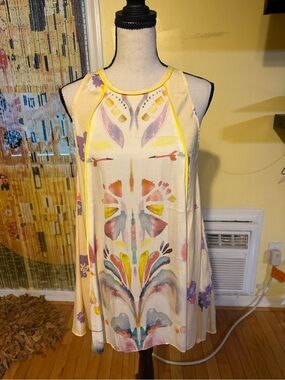Free People Cream Watercolor-Print Sleeveless Camisole with Yellow Piping